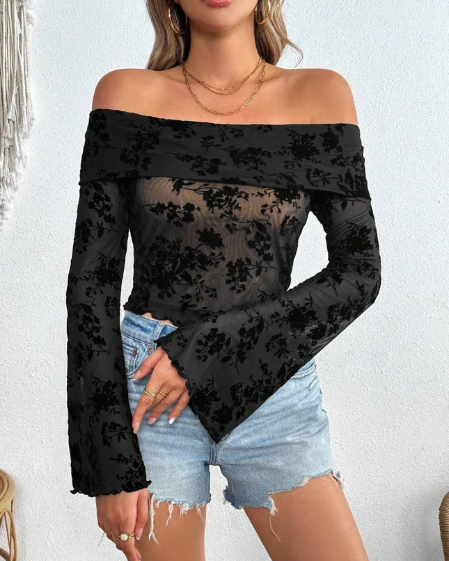 Off-Shoulder Flare Sleeve Lace Blouse