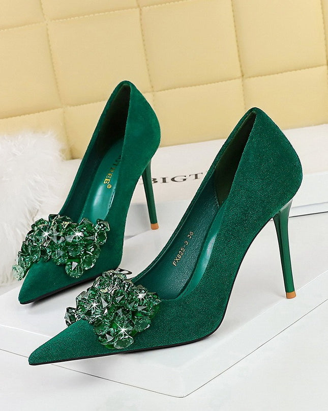 Suede Shallow Mouth Pointed Toe Rhinestone Bow Shoes