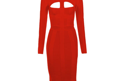 Women Bodycon Bandage Dress White Long Sleeve Hollow Out Club Dress Vestidos Celebrity Evening Party Midi Dress