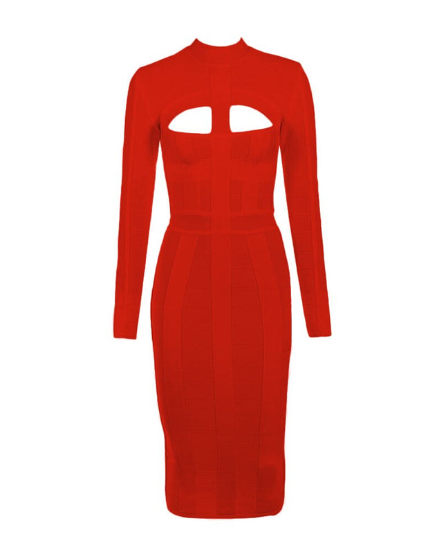 Women Bodycon Bandage Dress White Long Sleeve Hollow Out Club Dress Vestidos Celebrity Evening Party Midi Dress