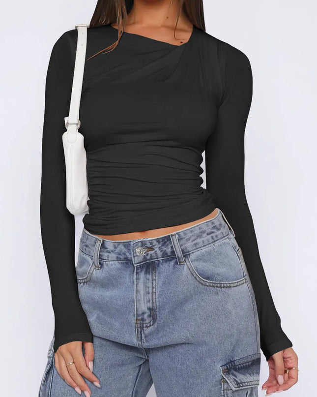 Ruched Asymmetrical Neck Long Sleeve T-Shirt