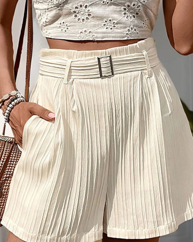 Textured High Waist Shorts with Pockets