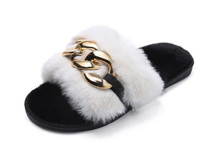 Winter New Style Round Head Metal Chain Multicolor One Line Wool Slippers - Hey Love Boutique