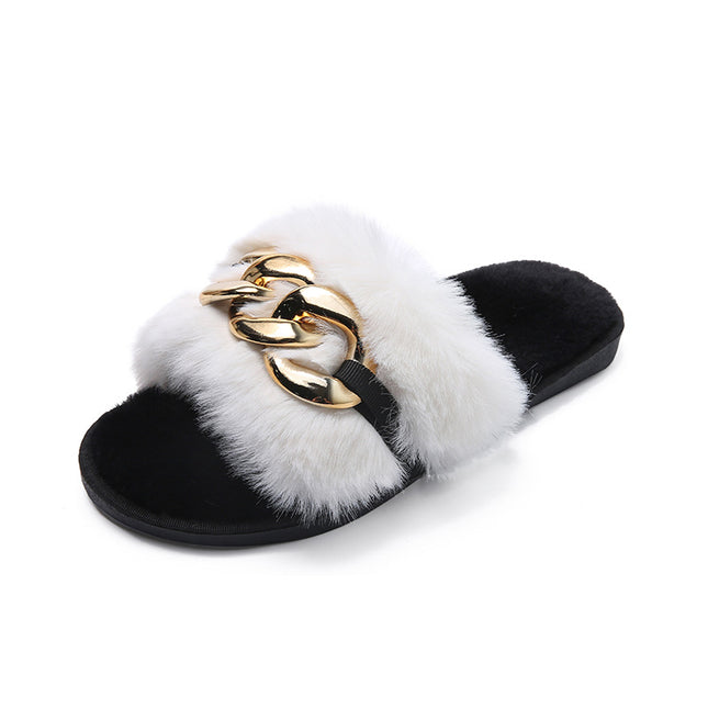 Winter New Style Round Head Metal Chain Multicolor One Line Wool Slippers - Hey Love Boutique