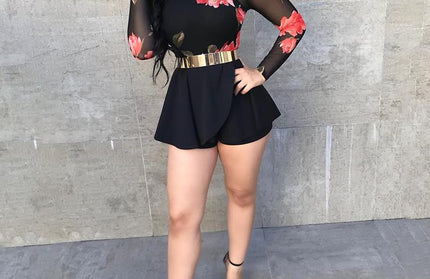 Women Boho O Neck Open Back Mesh Rompers Party Mini Short Jumpsuit Female Floral Print Mesh Cutout Back Pleated Playsuit
