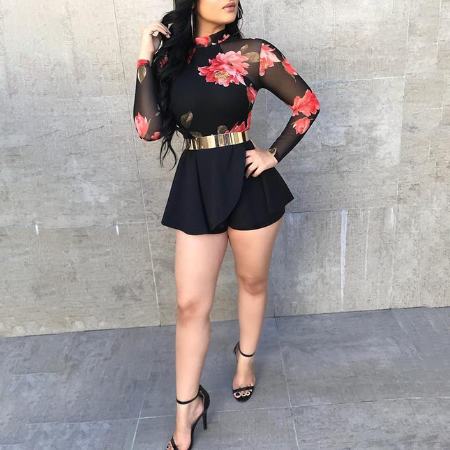 Women Boho O Neck Open Back Mesh Rompers Party Mini Short Jumpsuit Female Floral Print Mesh Cutout Back Pleated Playsuit