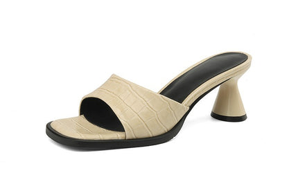 One word thick heel square toe bamboo joint pattern cowhide slippers