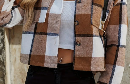 Plaid Collared Neck Cropped Jacket