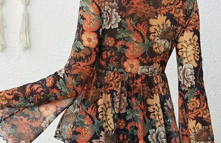 Printed V-Neck Flare Sleeve Blouse