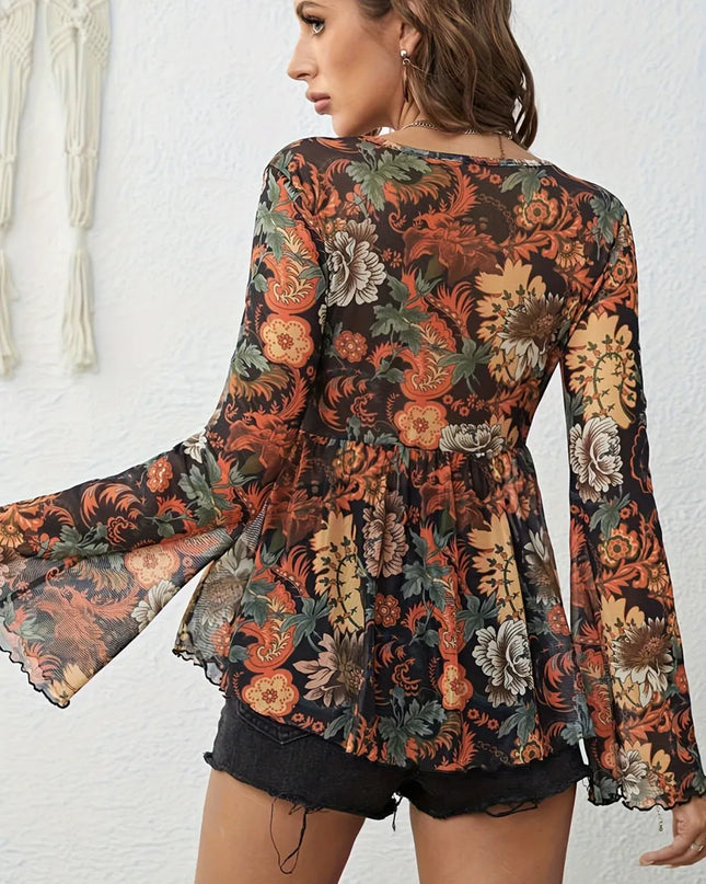 Printed V-Neck Flare Sleeve Blouse