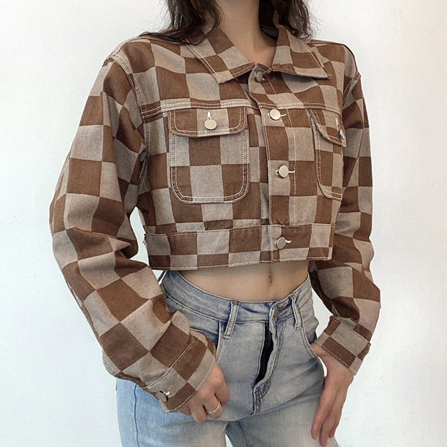 Vintage Brown Plaid Print Short Denim Jacket