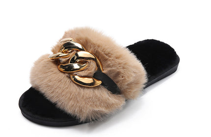 Winter New Style Round Head Metal Chain Multicolor One Line Wool Slippers - Hey Love Boutique