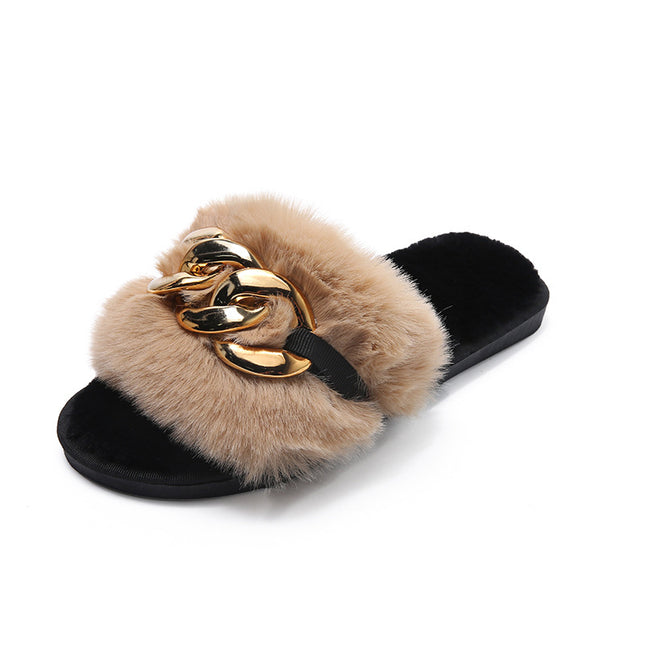 Winter New Style Round Head Metal Chain Multicolor One Line Wool Slippers - Hey Love Boutique