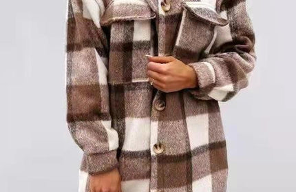 Spring And Autumn New Women's Plaid Brushed Medium Long Woolen Coat - Hey Love Boutique