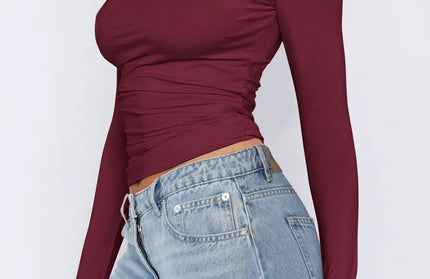 Ruched Asymmetrical Neck Long Sleeve T-Shirt