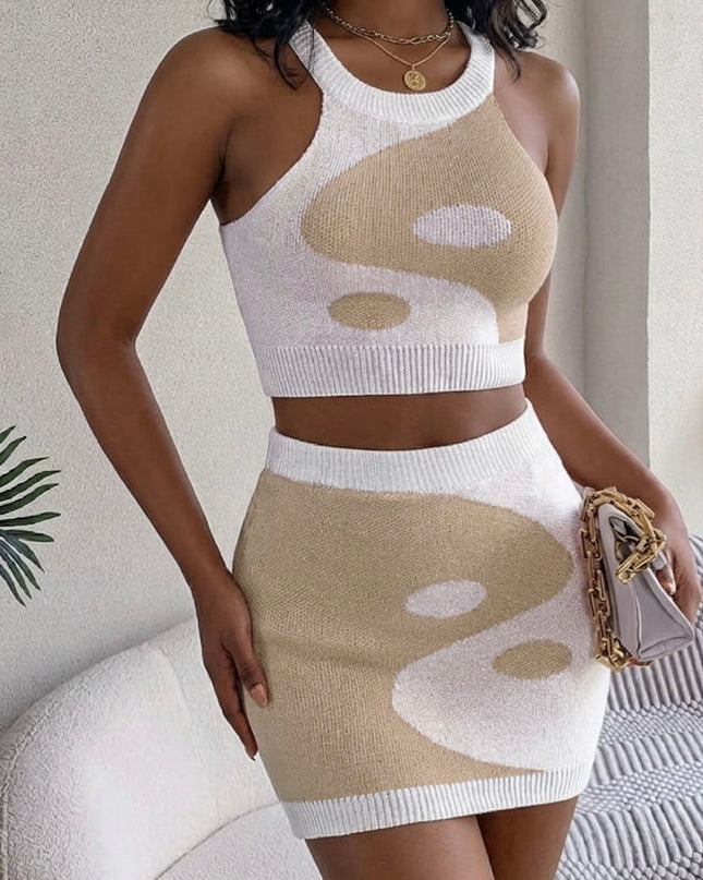 Contrast Belly Baring Top + Hip Skirt Knitted Set