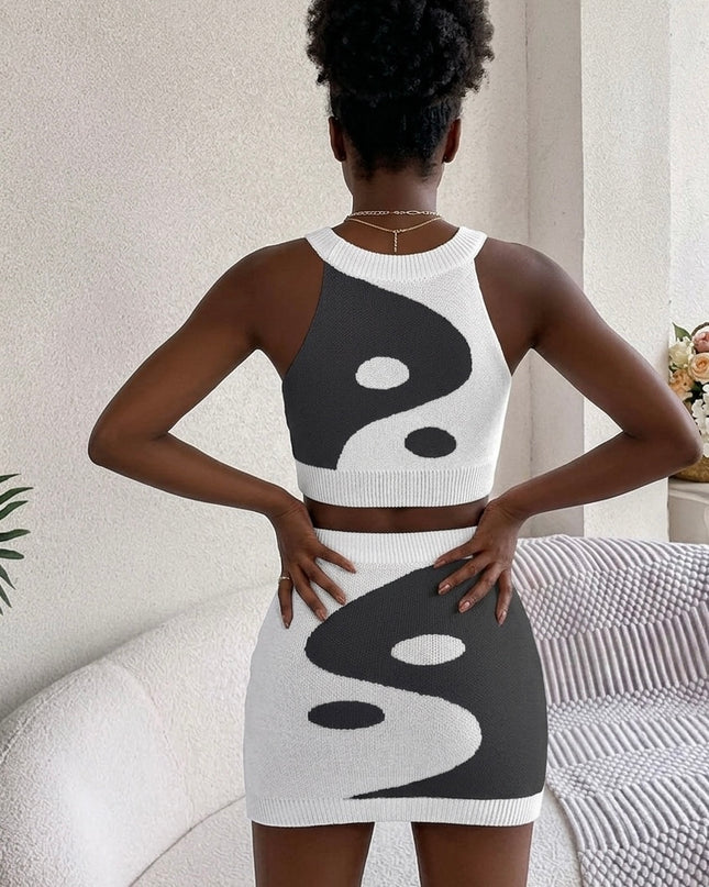 Contrast Belly Baring Top + Hip Skirt Knitted Set