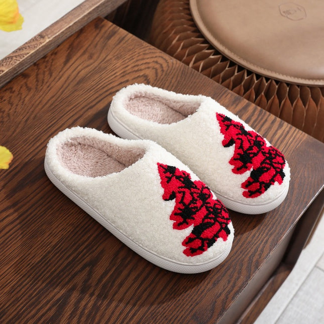 Christmas Tree Pattern Unisex Home Winter Fur Slippers - Hey Love Boutique