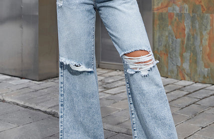 Women's Fashion ripped high waist wide leg casual denim trousers - Hey Love Boutique
