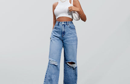 Women's Fashion ripped high waist wide leg casual denim trousers - Hey Love Boutique