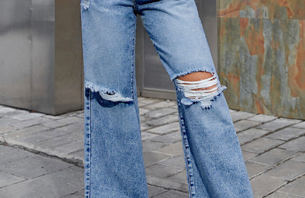 Women's Fashion ripped high waist wide leg casual denim trousers - Hey Love Boutique