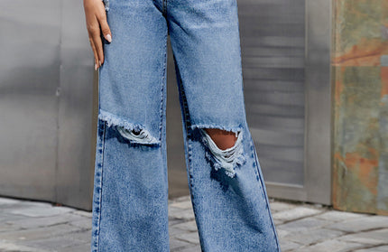 Women's Fashion ripped high waist wide leg casual denim trousers - Hey Love Boutique