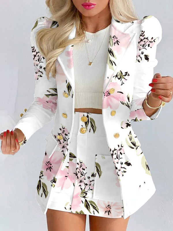 Printed Princess Sleeve Slim Skirt Suit