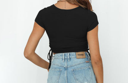Drawstring Tie Short Sleeved Crop Top