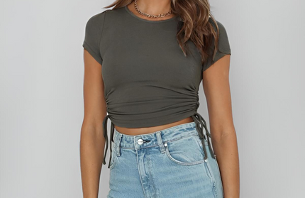 Drawstring Tie Short Sleeved Crop Top