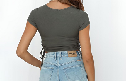 Drawstring Tie Short Sleeved Crop Top
