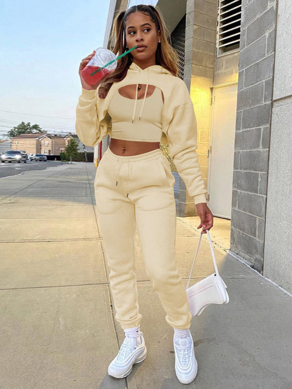 Drawstring Hoodie Long Sleeve Drawstring Trousers Three-Piece Suit