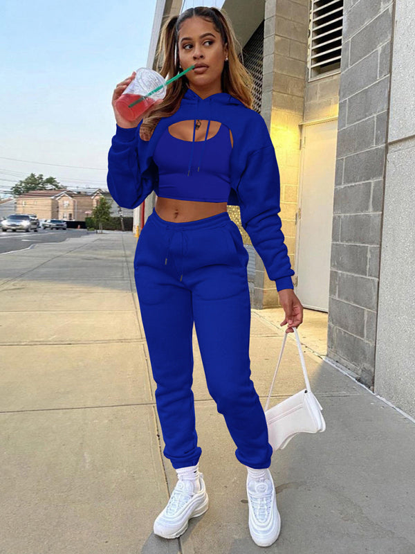 Drawstring Hoodie Long Sleeve Drawstring Trousers Three-Piece Suit