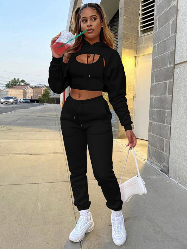 Drawstring Hoodie Long Sleeve Drawstring Trousers Three-Piece Suit