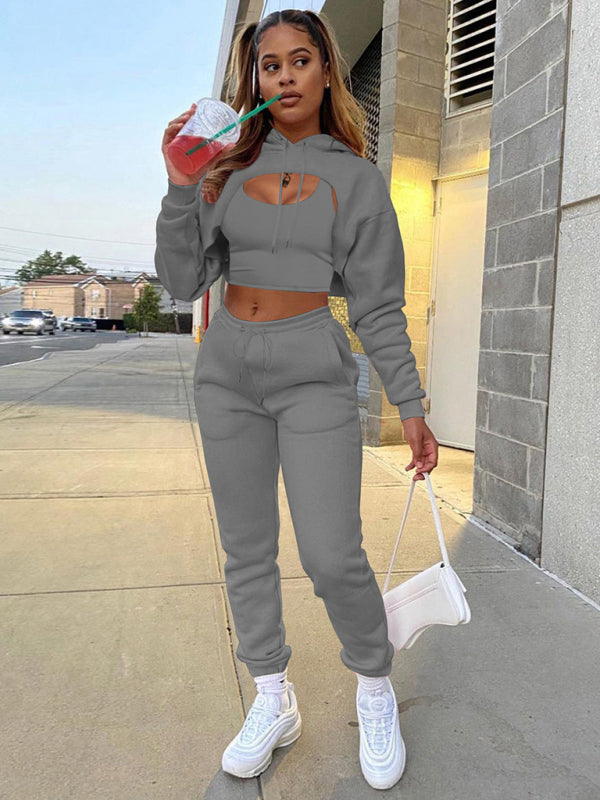 Drawstring Hoodie Long Sleeve Drawstring Trousers Three-Piece Suit