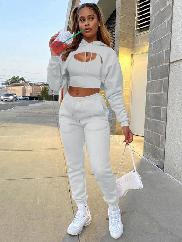 Drawstring Hoodie Long Sleeve Drawstring Trousers Three-Piece Suit