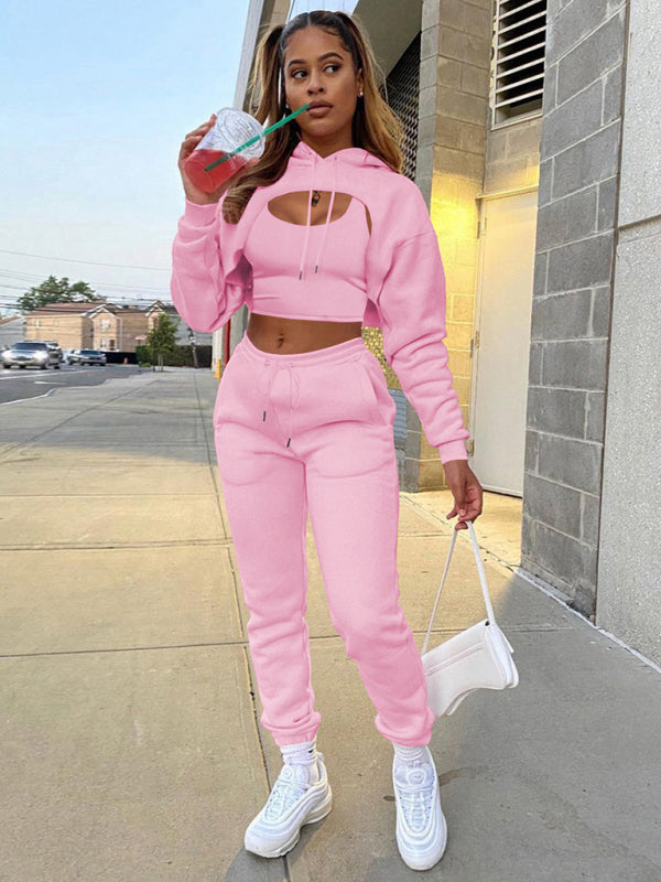 Drawstring Hoodie Long Sleeve Drawstring Trousers Three-Piece Suit