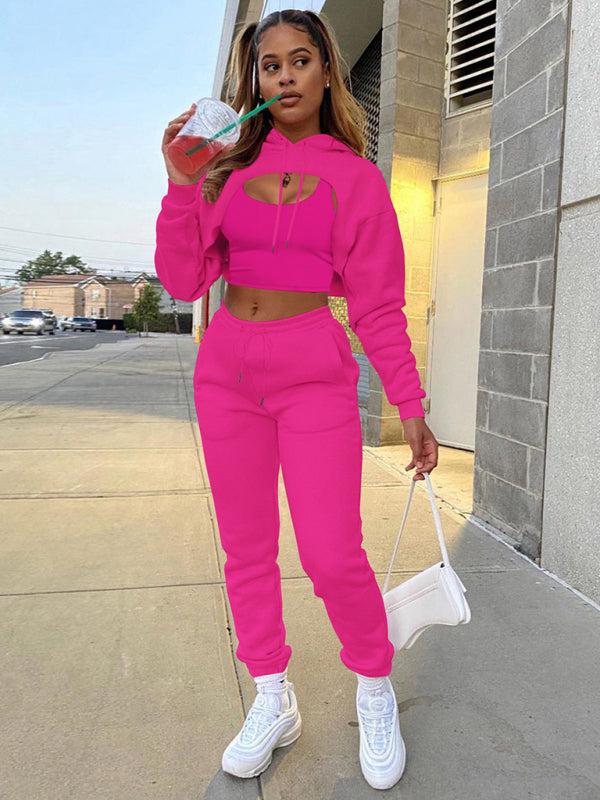 Drawstring Hoodie Long Sleeve Drawstring Trousers Three-Piece Suit