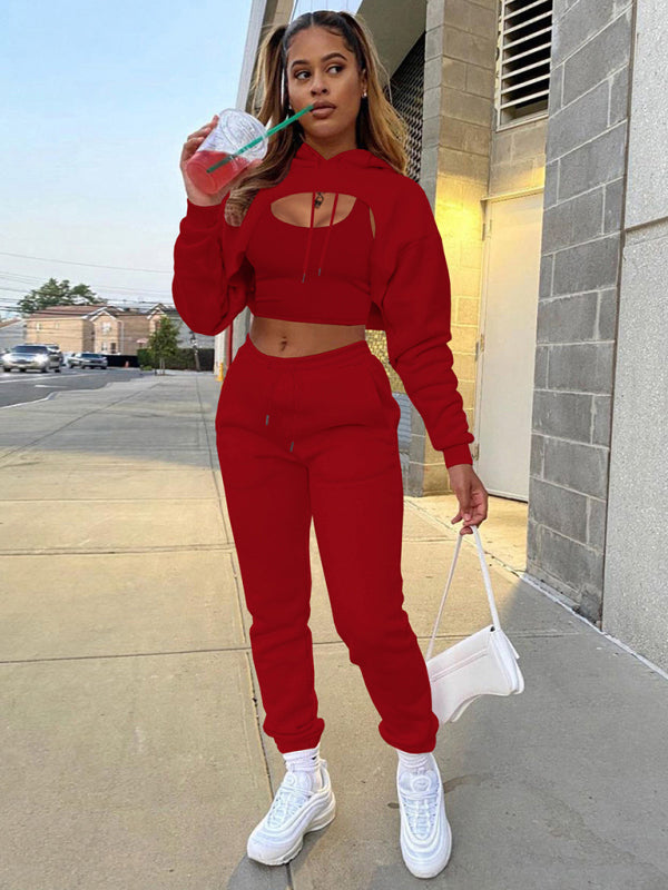 Drawstring Hoodie Long Sleeve Drawstring Trousers Three-Piece Suit