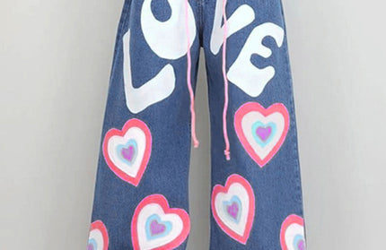 Heart Graffiti Print Loose Jeans