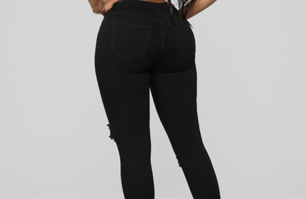 Women's elastic ripped solid color denim long trousers - Hey Love Boutique