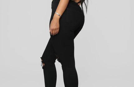 Women's elastic ripped solid color denim long trousers - Hey Love Boutique