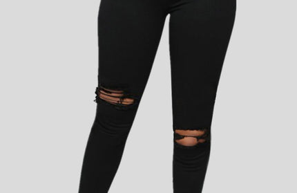 Women's elastic ripped solid color denim long trousers - Hey Love Boutique
