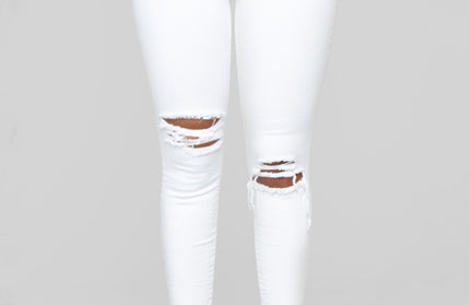 Women's elastic ripped solid color denim long trousers - Hey Love Boutique