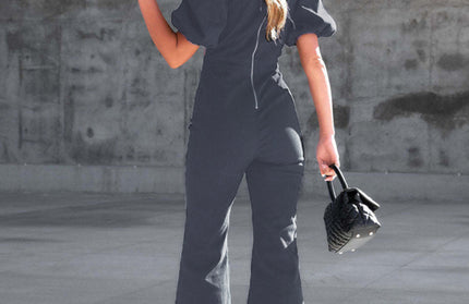 Slim Puff Sleeve Crossover Waist Jumpsuit