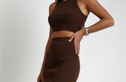 Knitted Slim Tank Top Slit Short Skirt Two-Piece Set