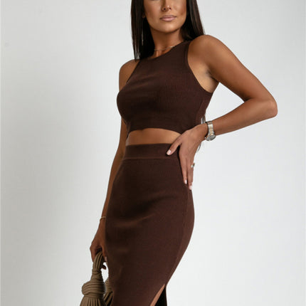 Knitted Slim Tank Top Slit Short Skirt Two-Piece Set