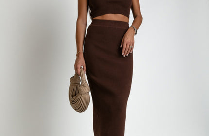 Knitted Slim Tank Top Slit Short Skirt Two-Piece Set