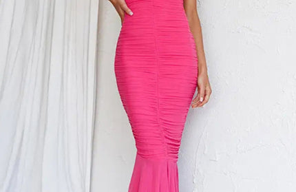 Suspender stitching fashion sexy hot girl tight pleated fishtail dress - Hey Love Boutique