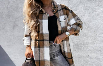 Single Breasted Plaid Long Sleeved Shirt Jacket