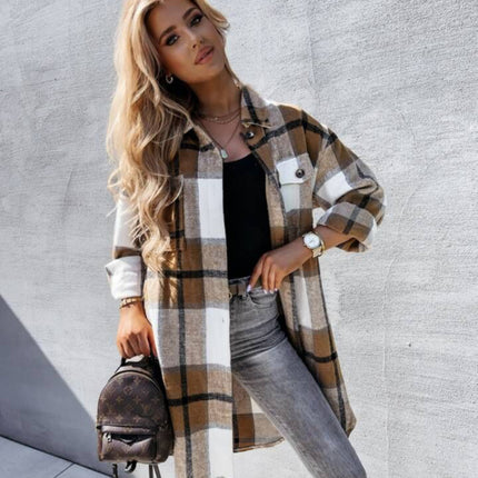 Single Breasted Plaid Long Sleeved Shirt Jacket